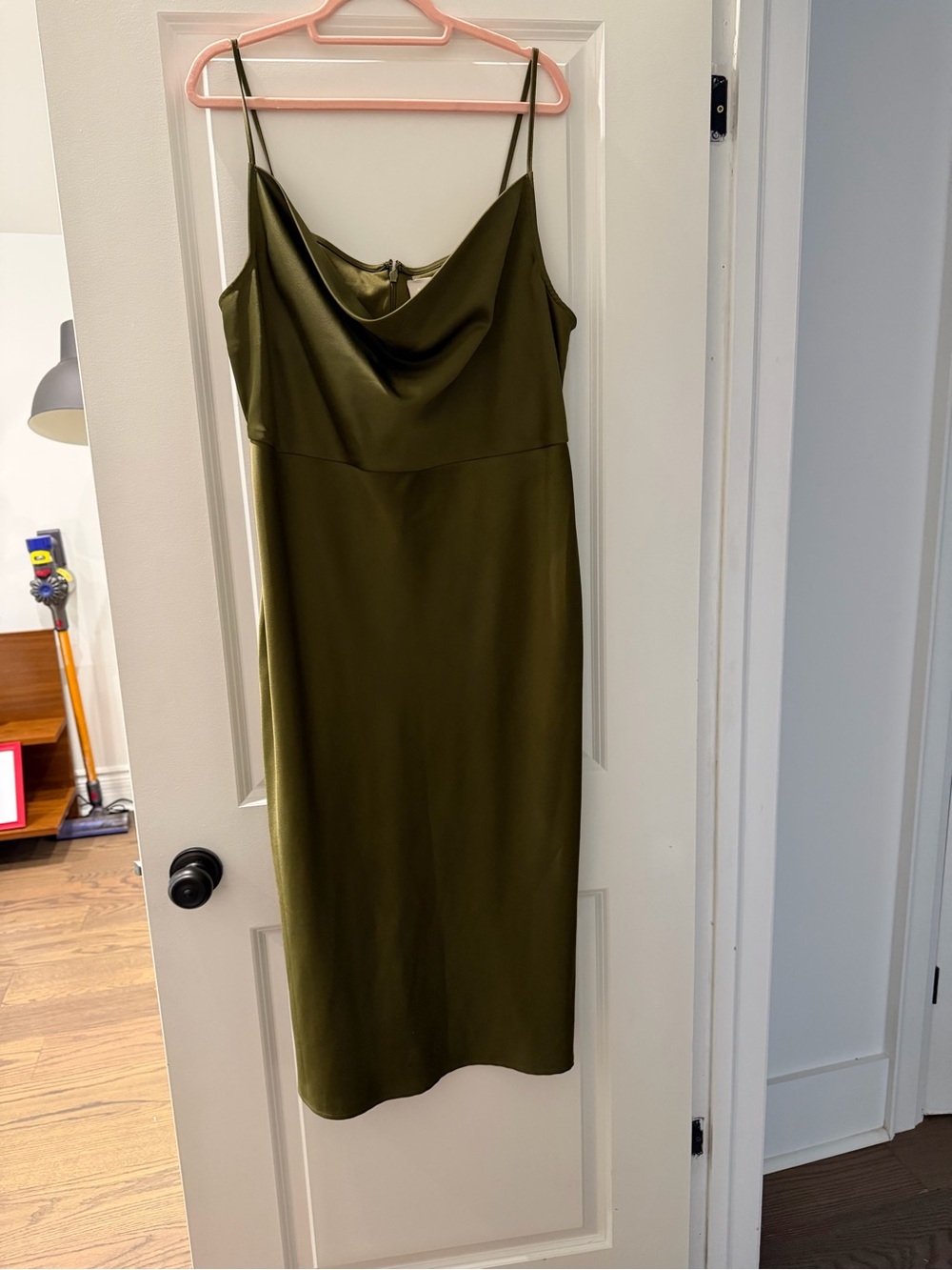 BHLDN Olive Green Satin Cowl Midi Slip Dress